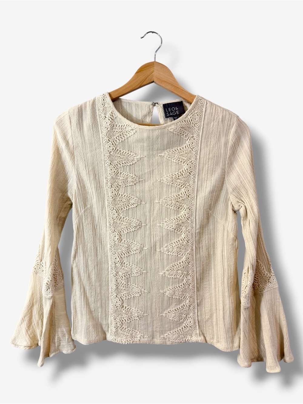 Leo & Sage Ivory Cotton Lace Bell Sleeve Blouse M Boho Romantic Top Cottagecore
